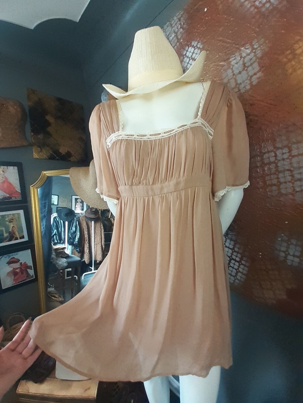 Zara Nwot Boho Short-Sleeve Square-Neck Mini Dress in Light Muted Pink
